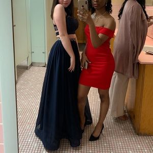 navy blue two piece long prom dress